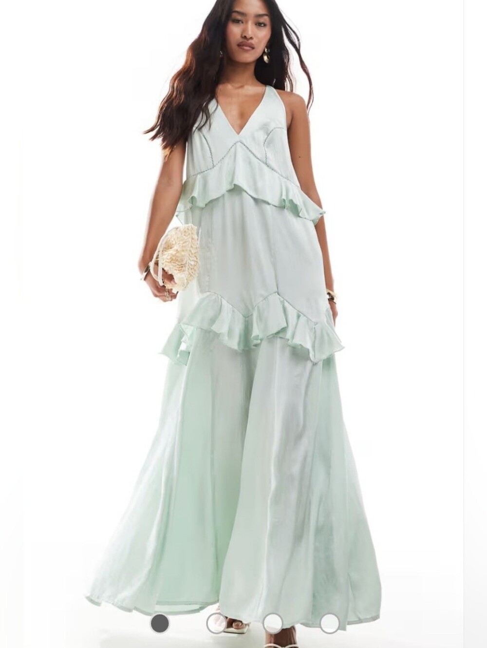 ASOS Design Mint Satin Maxi Dress With Ruffled Tiers And Tie‎ Back